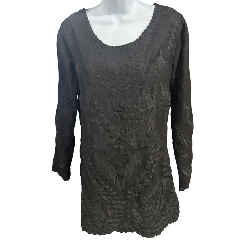 Pilyq Barcelona Anthro Embroidered Tunic Dress Long Sleeve Black Sundress XS/S